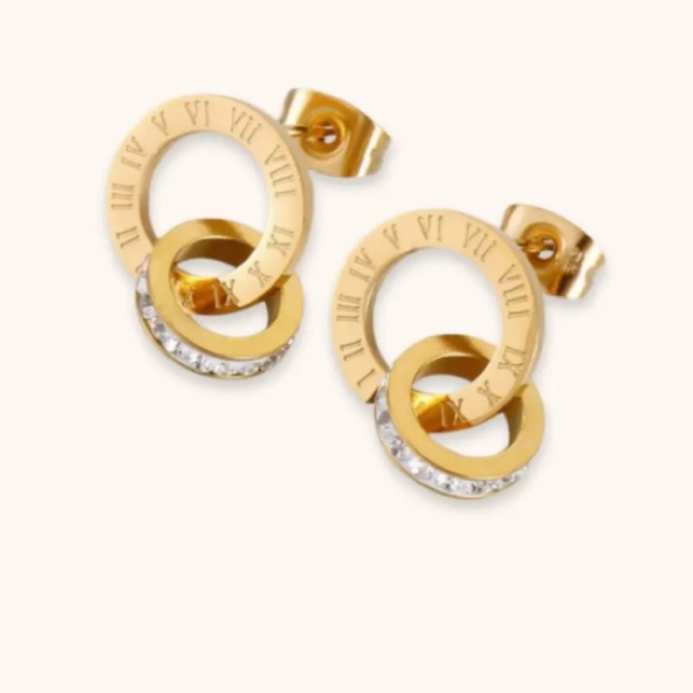 ⭐️NEW⭐️Roman Numeral Gold Tone Rhinestone Stud Hoop Designer Style Earrings
